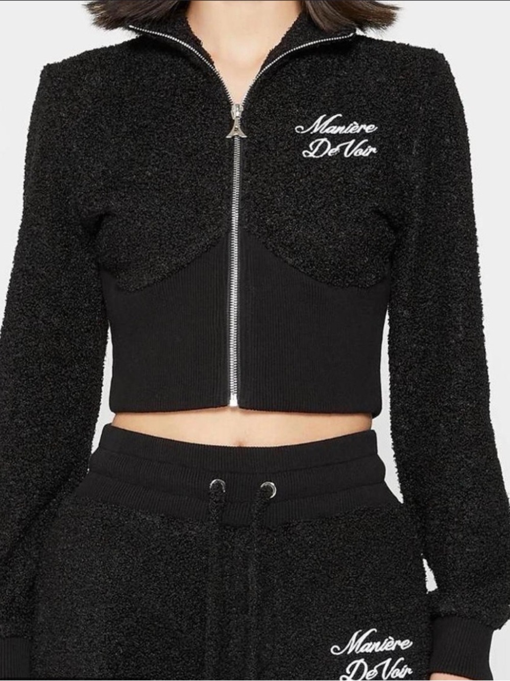 Manière De Voir Black Cropped Teddy Zip Jacket and pants set